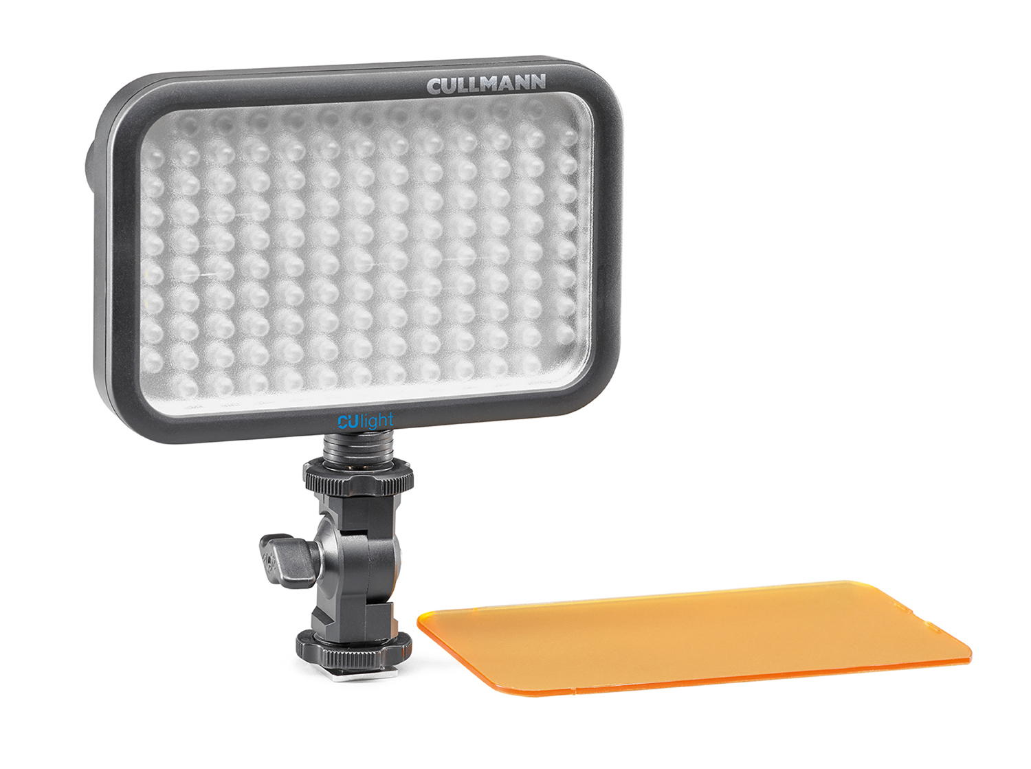 Ein schwarzes Cullmann CUlight LED-Licht mit einem orangefarbenen Filter und einer Halterung.