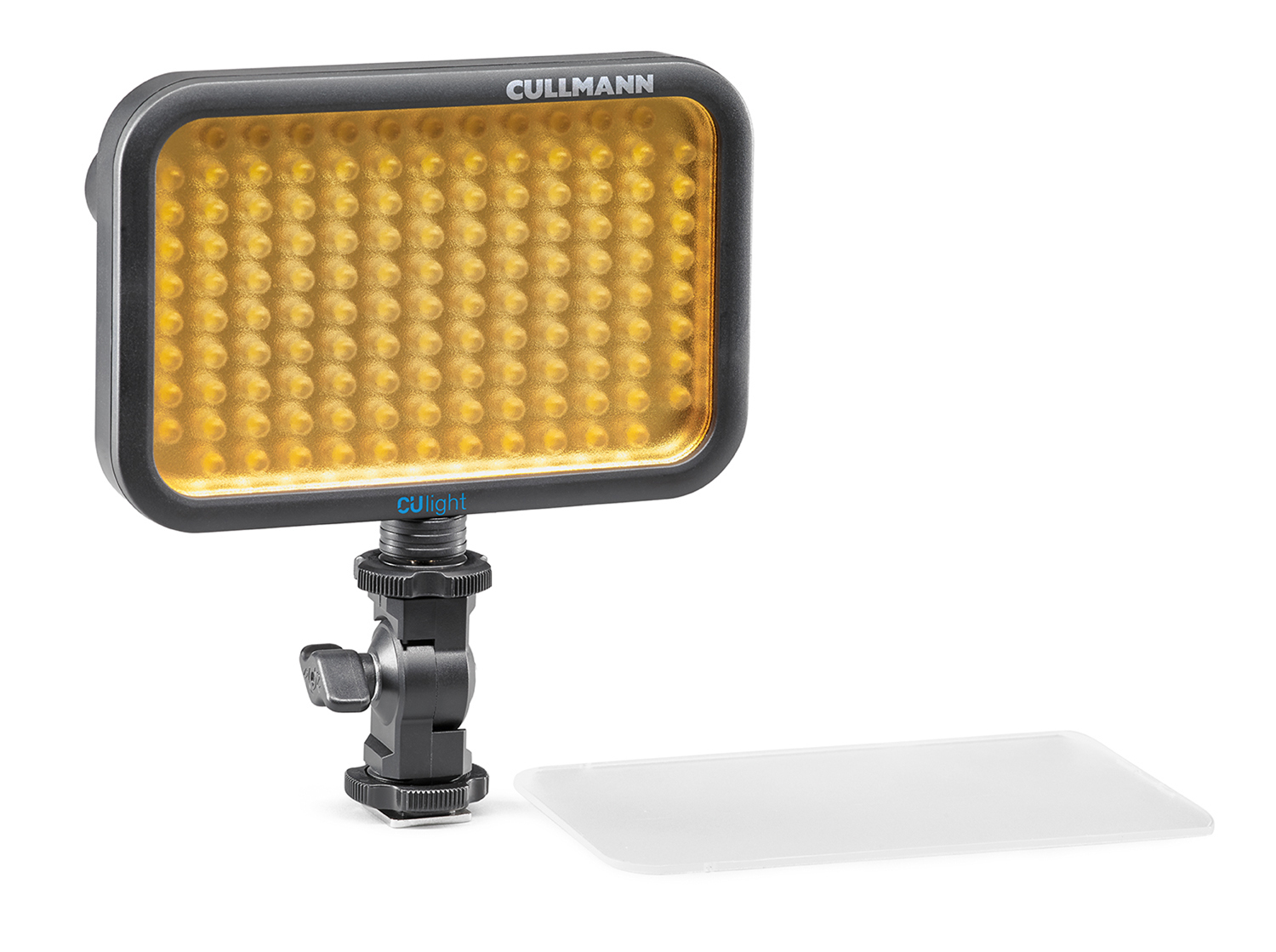 Rechteckiges LED-Licht mit schwarzem Rahmen, Ständer und weißem Diffusor auf weißer Fläche.