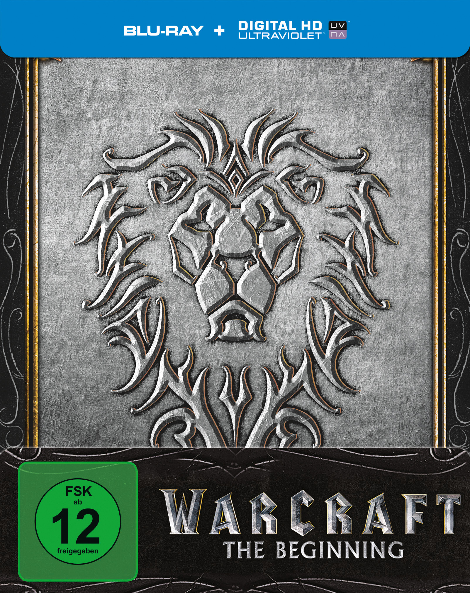 Warcraft: The Beginning Blu-ray-Cover. Mit einem silbernen Löwenemblem auf grauem Hintergrund, mit Text.