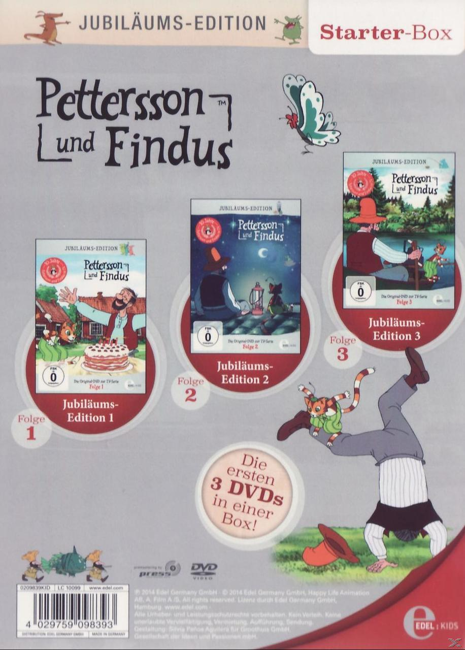 DVD-Box-Set für 'Pettersson und Findus', mit drei DVDs und Cartoon-Illustrationen.