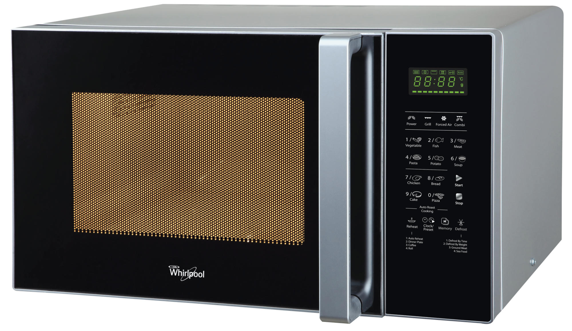 Een zilveren Whirlpool magnetron met een zwarte deur en bedieningspaneel. Het toont de tijd en kookopties.