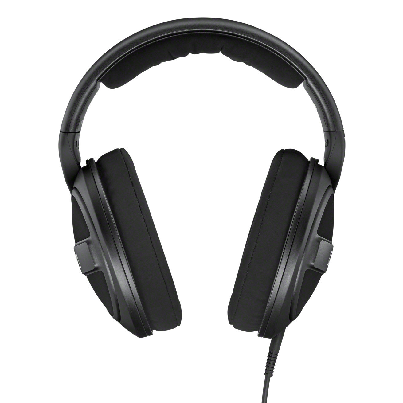 Schwarze Over-Ear-Kopfhörer. Die Ohrmuscheln sind groß und gepolstert, und auch das Kopfband ist gepolstert.