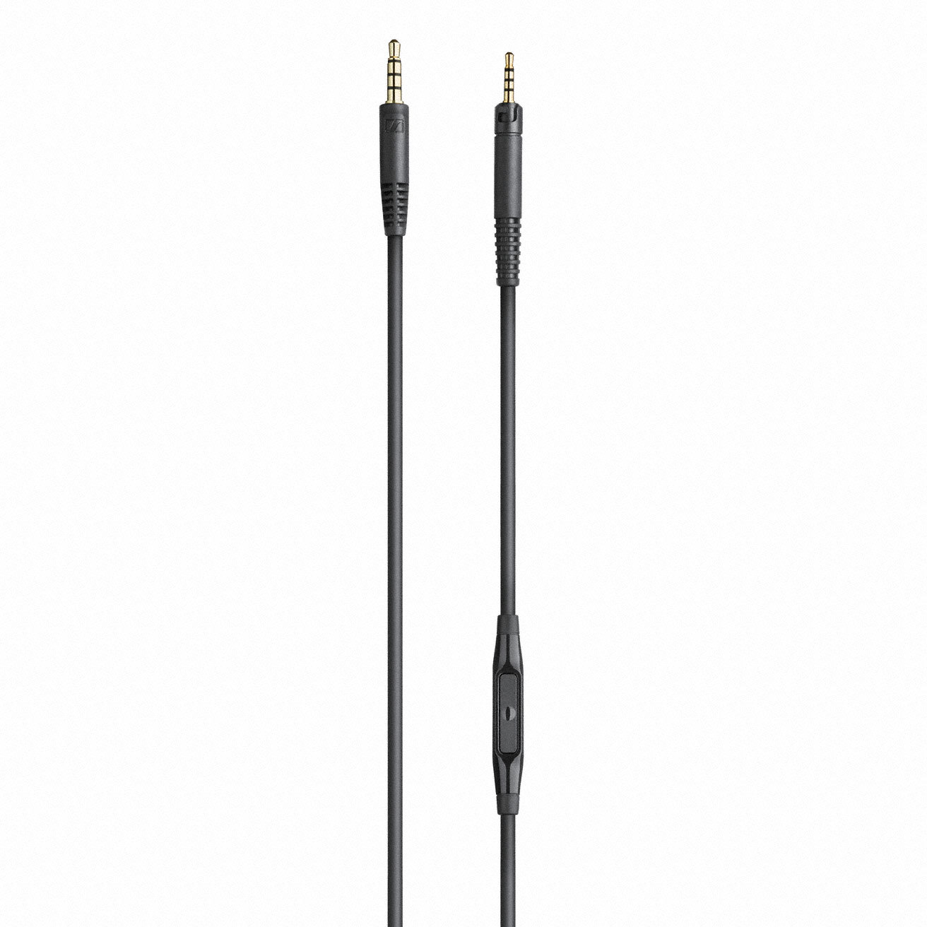 Zwei schwarze Audiokabel. Eines hat eine Steuertaste, das andere einen Standardanschluss.