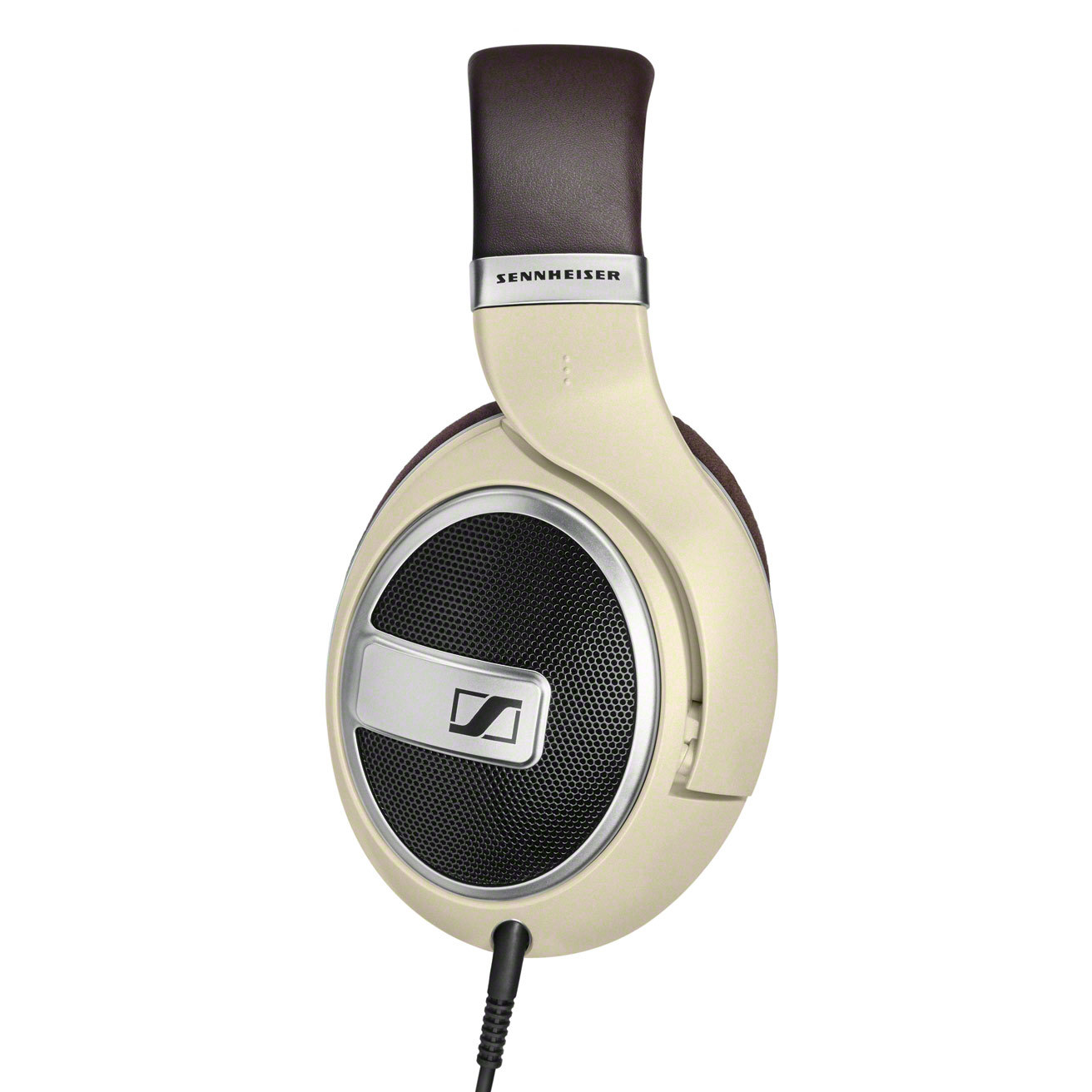 Beige Kopfhörer mit schwarzem Mesh und braun gepolstertem Oberteil.