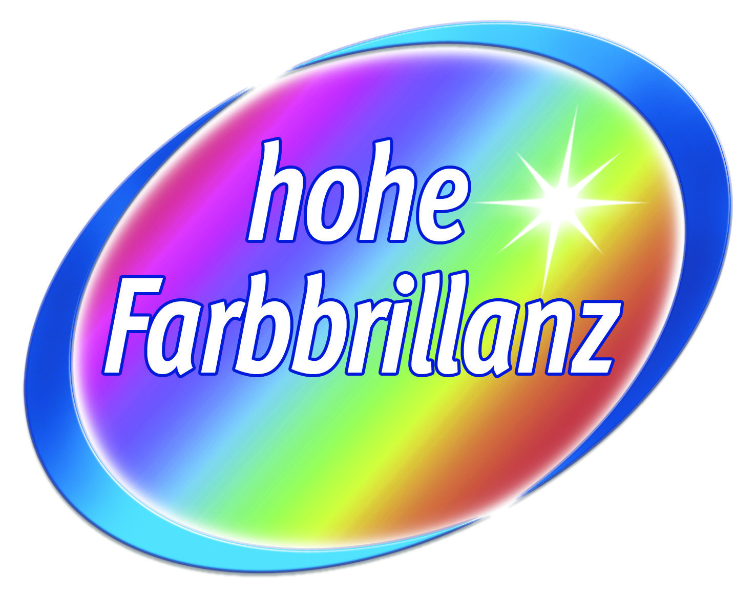 Eine farbenfrohe ovale Grafik mit den Worten „hohe Farbbrillanz“.