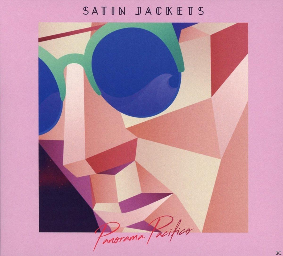Abstraktes Gesicht mit Sonnenbrille, rosa Hintergrund. Text: Satin Jackets.