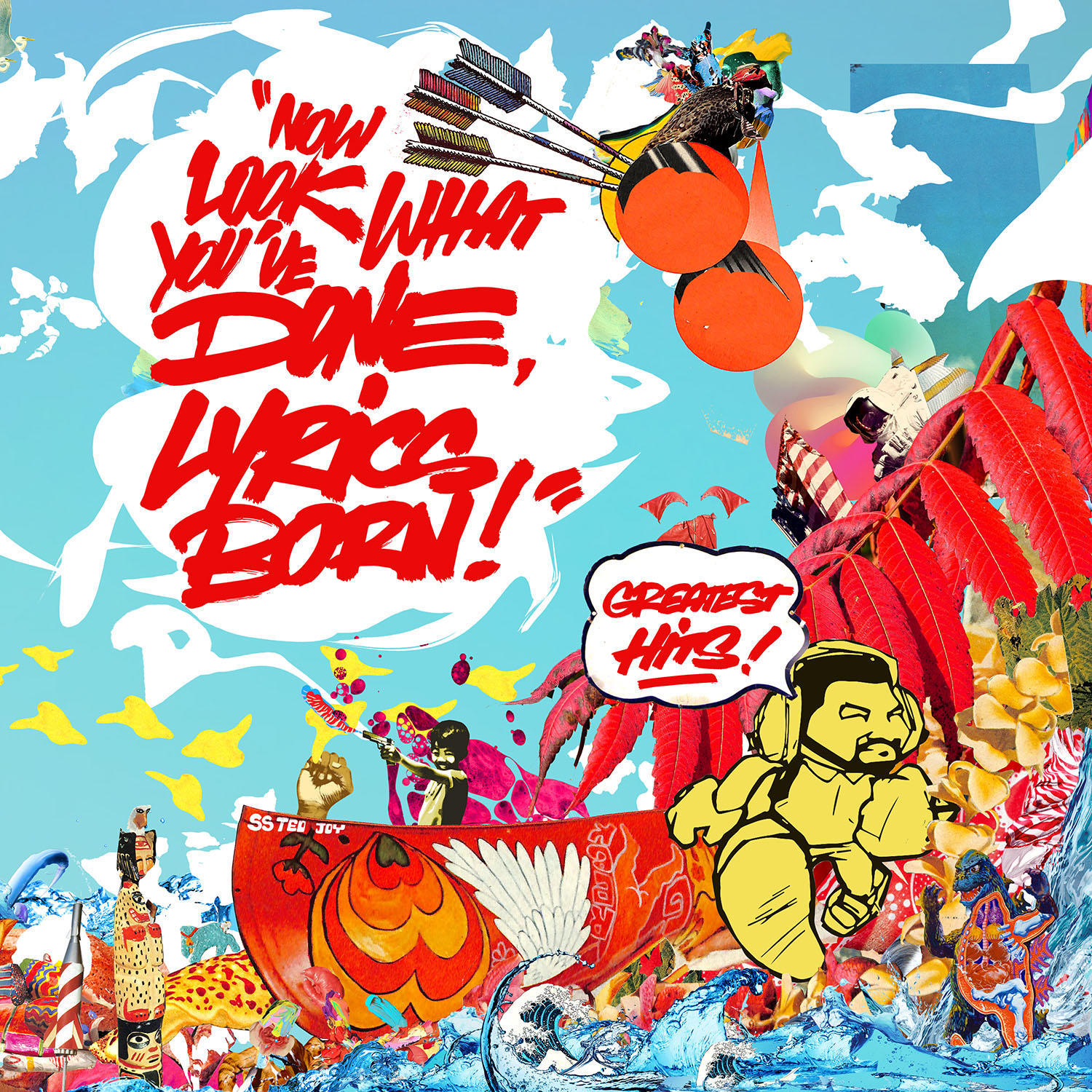 Albumcover mit farbenfrohem, abstraktem Design und Text. Ein gelber Charakter befindet sich unten rechts.