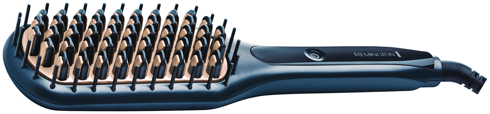 Spazzola lisciante riscaldata Remington nera e oro. Ha setole e un'impugnatura con un pulsante di accensione.