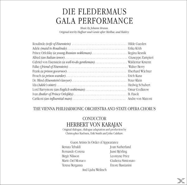Textseite. Liste der Namen und Rollen für eine Aufführung. Der Titel lautet Die Fledermaus.