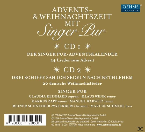 CD-Cover, goldener Hintergrund, mit Text 'Advent & Weihnachtszeit Mit Singer Pur'.