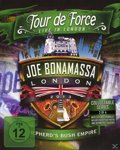 DVD-Cover für Joe Bonamassas 'Tour de Force' live in London. Enthält ein Emblem und Text.