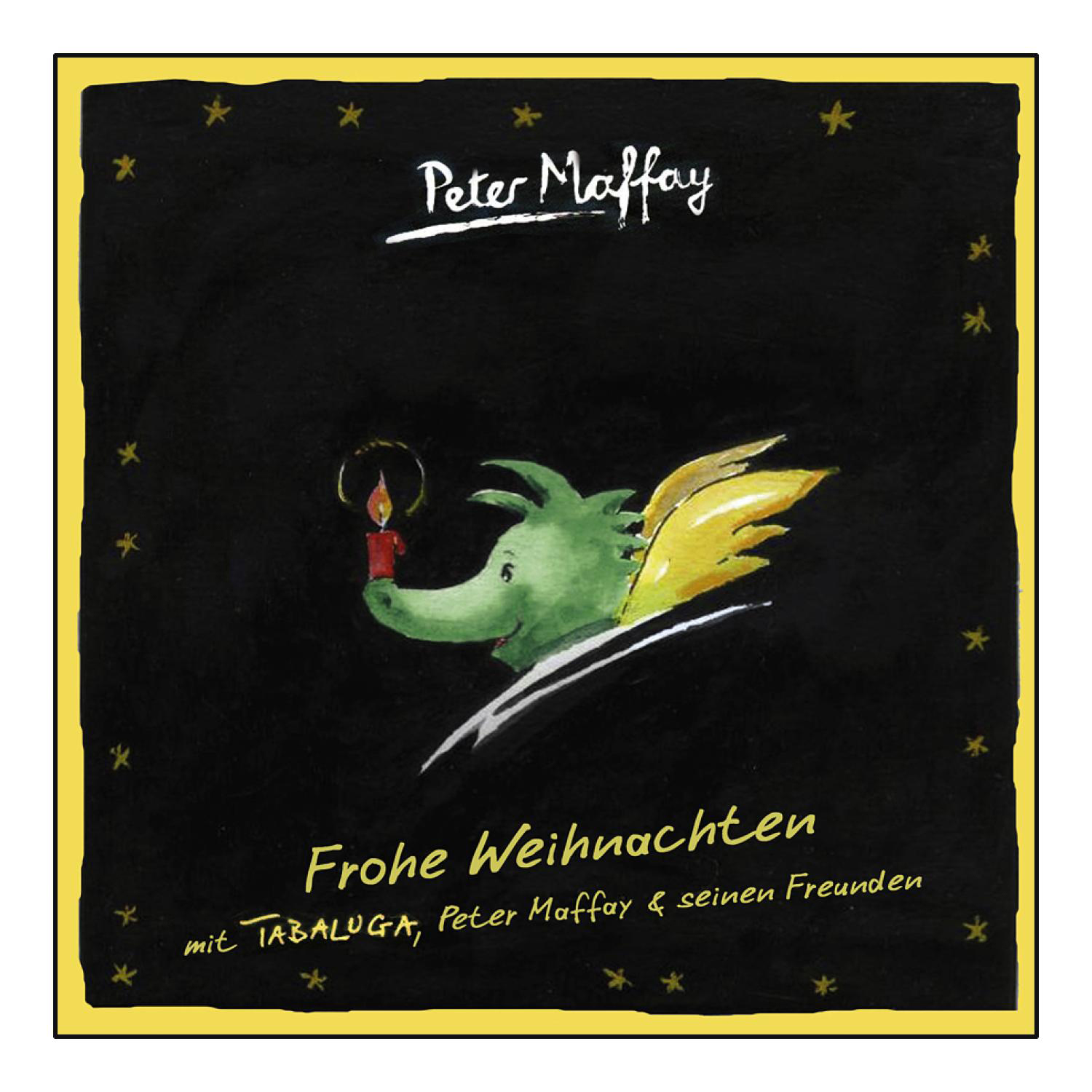 Peter Maffay Albumcover. Ein grüner Drache mit einer Kerze, umgeben von Sternen, auf schwarzem Hintergrund.
