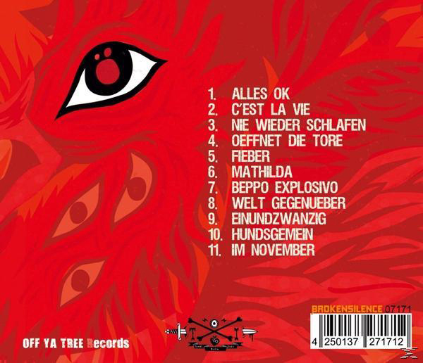 Rotes CD-Cover mit Augenillustration und Titelliste. Weißer Text.
