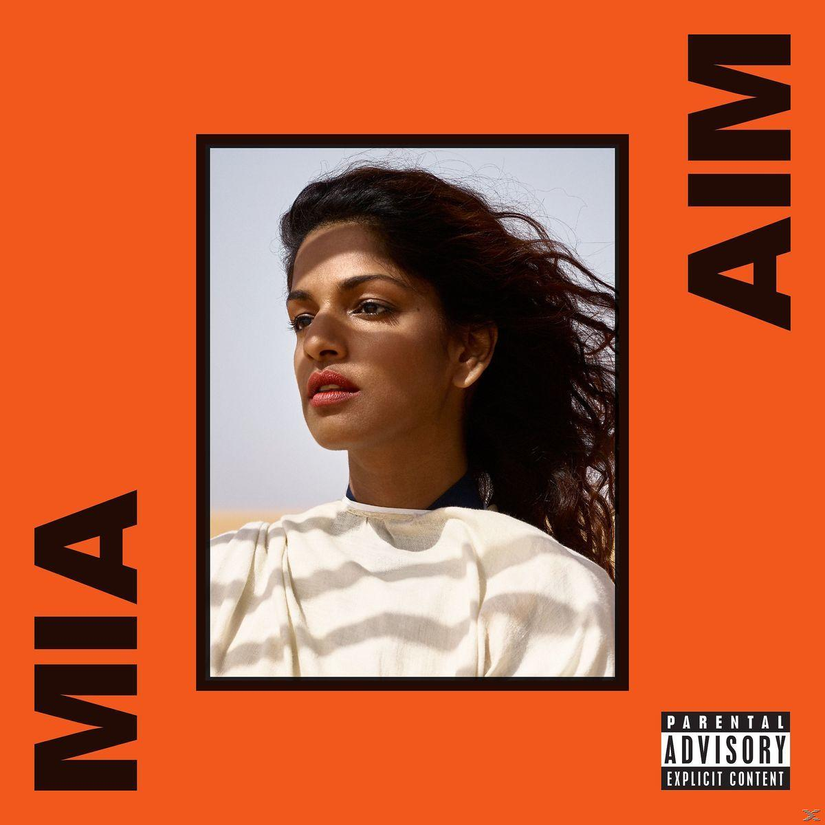 Albumcover: Frau in weißem Hemd, orangefarbener Rahmen, mit schwarzem Text "MIA AIM".