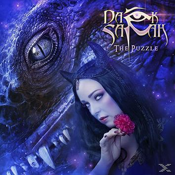 Albumcover mit Frau, Drachen und Text 'Dark Sarah: The Puzzle'.