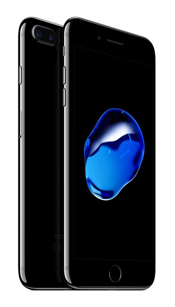 Schwarzes iPhone 7 mit einem blauen Wassertropfen auf dem Bildschirm, vor schwarzem Hintergrund.