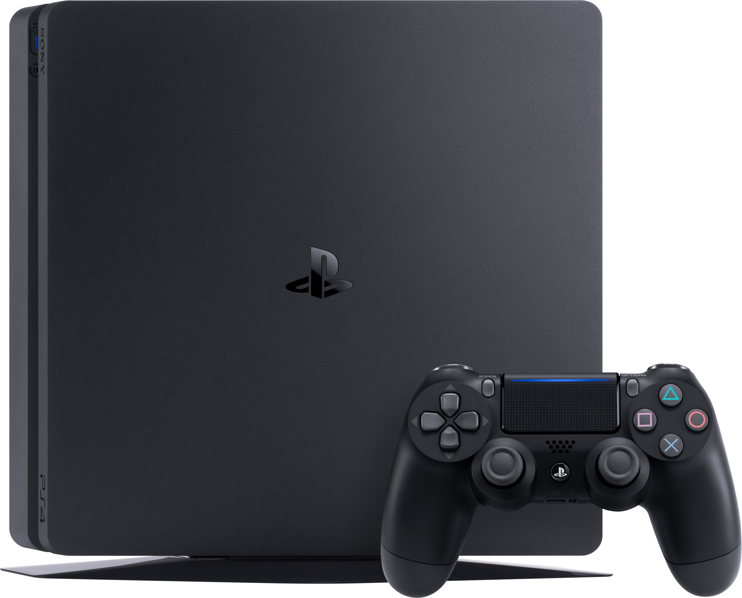 Schwarze PlayStation 4 Konsole und Controller. Schwarzer Hintergrund.