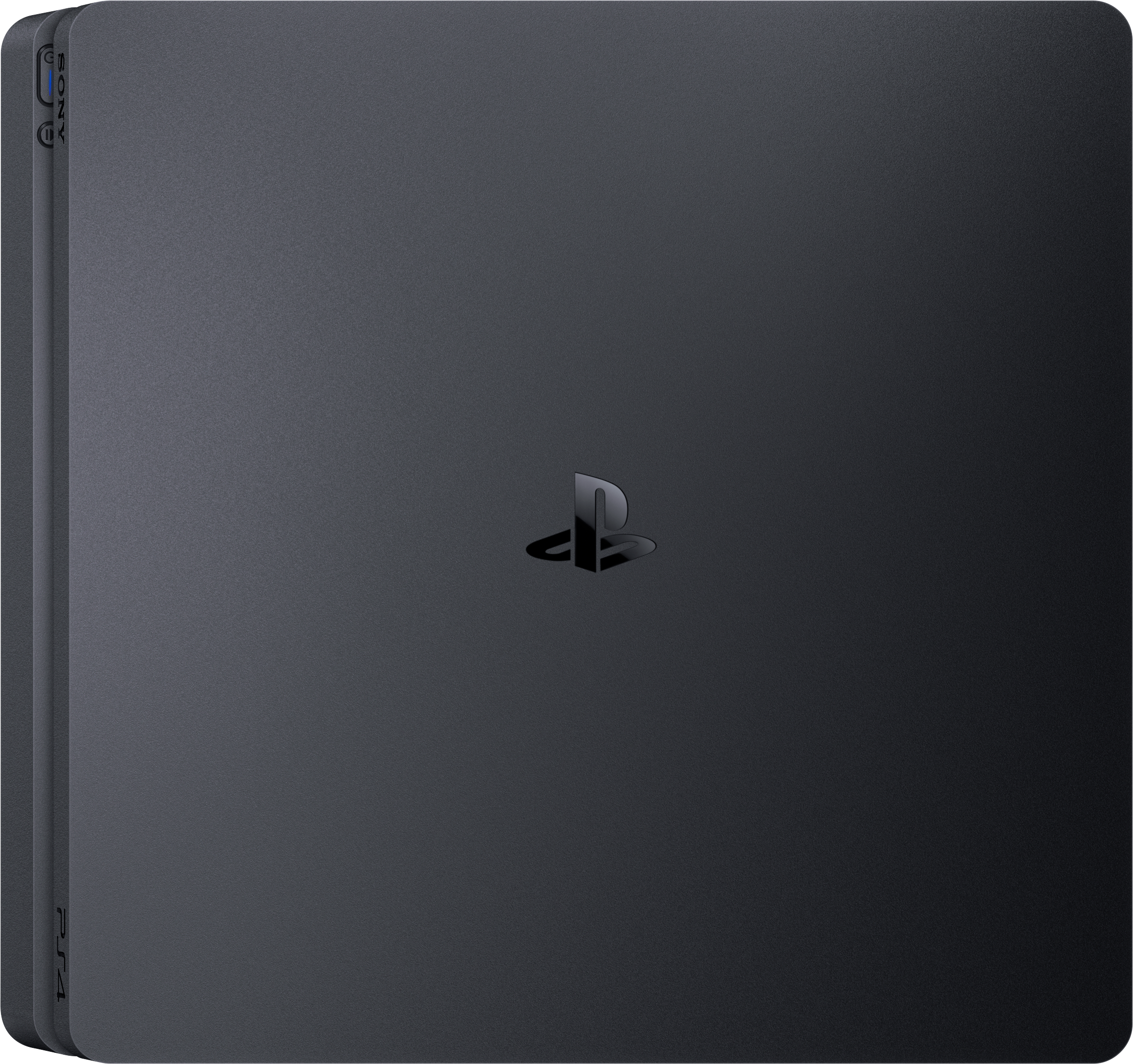 Schwarze PlayStation 4-Konsole, zeigt die Oberseite und das PlayStation-Logo in der Mitte.