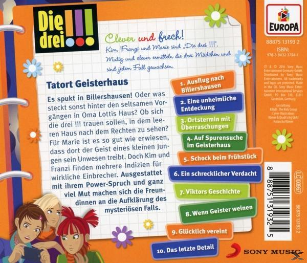 Rückseite eines Die drei ???-Buches, mit Illustrationen und Text auf Deutsch. Zeigt die Kapitel des Buches und ein Logo.