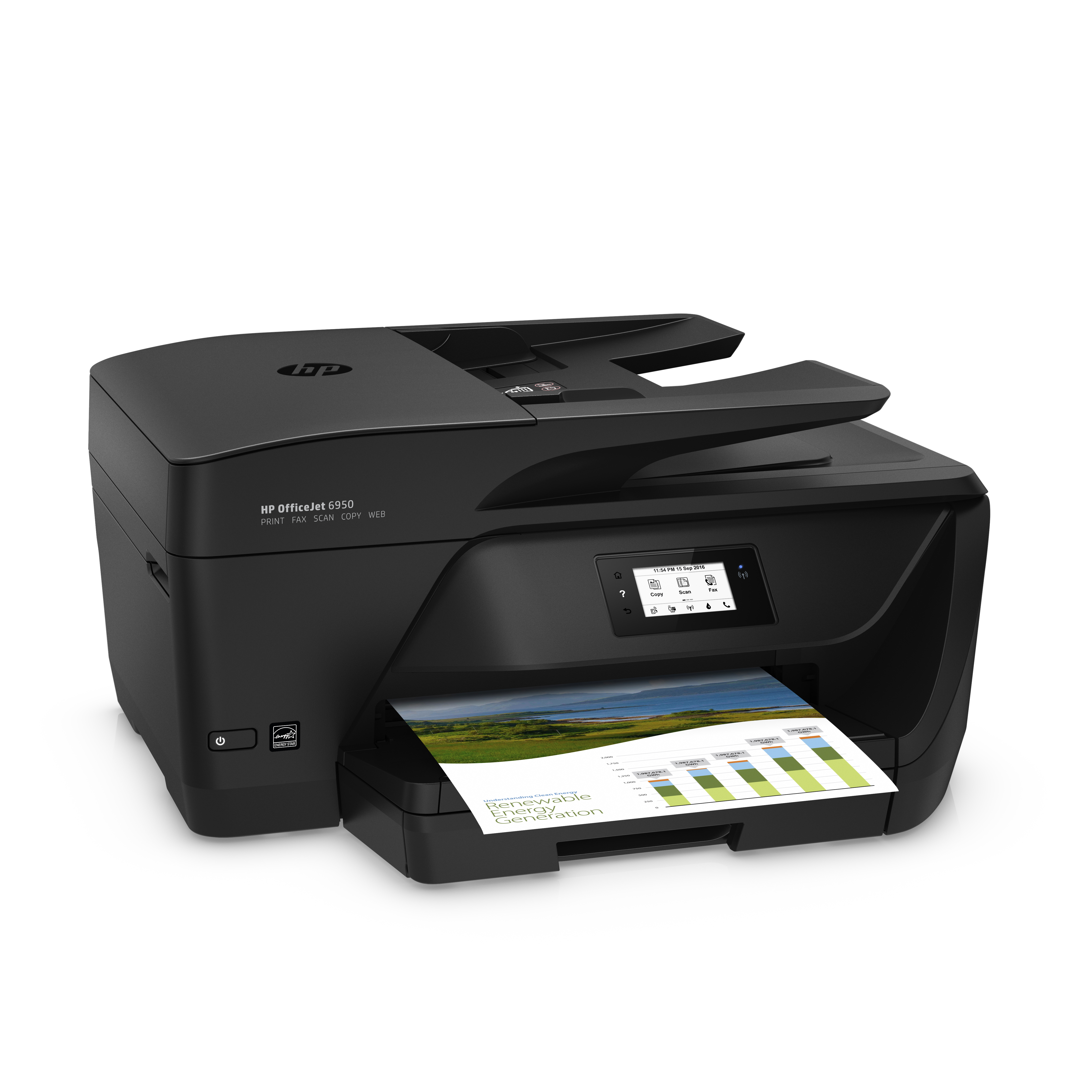 Schwarzer HP OfficeJet-Drucker, der ein Farbgrafik druckt. Hat Bildschirm und Einschaltknopf links.