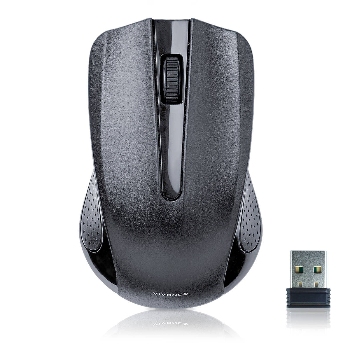 Schwarze Computermaus. Sie hat ein Scrollrad und einen USB-Empfänger.