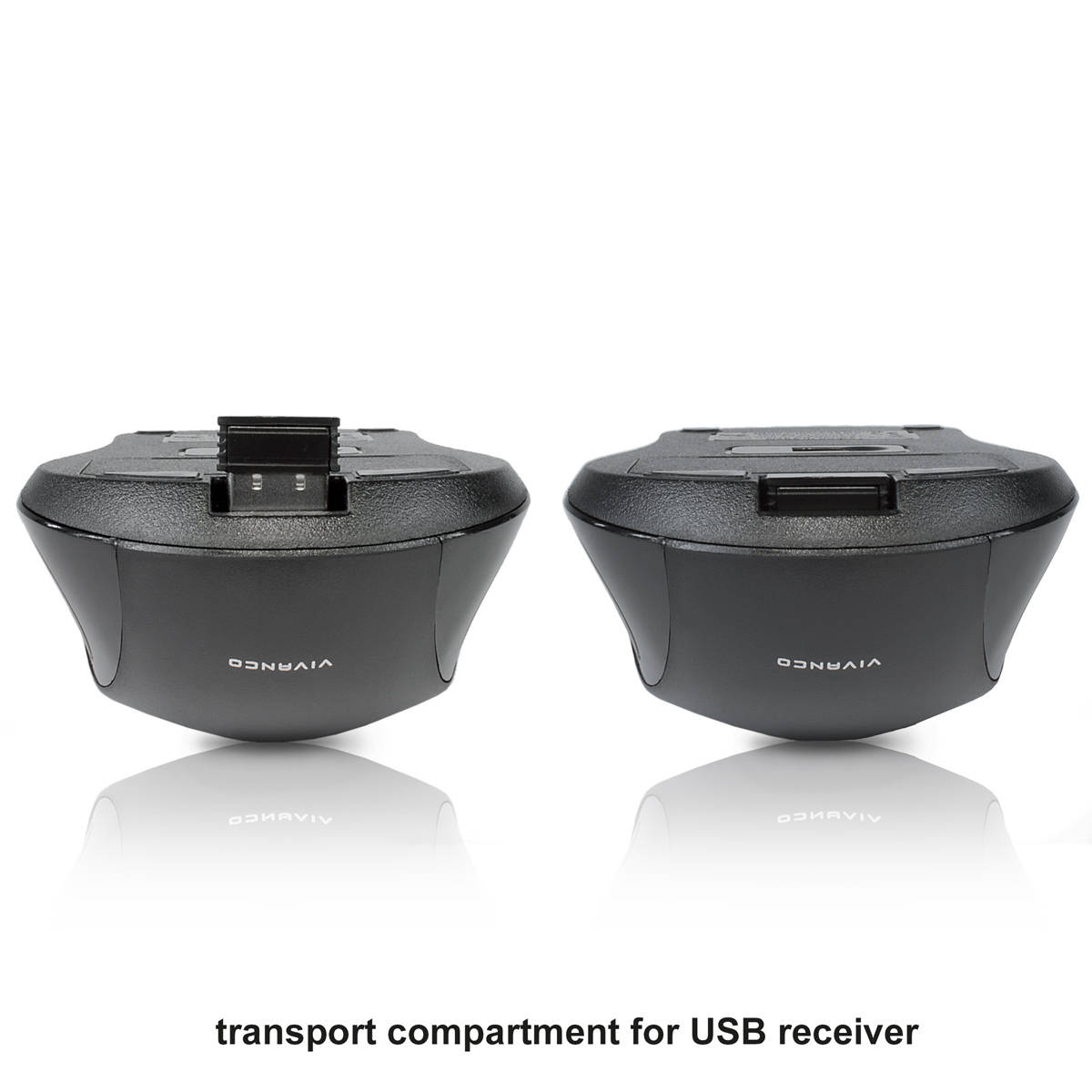 Zwei schwarze USB-Empfängerfächer. Der Text darunter lautet: Transportfach für USB-Empfänger. Hintergrund: weiß.