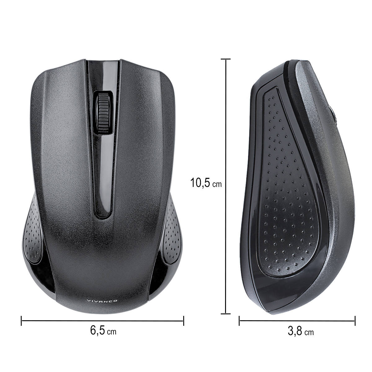 Schwarze und graue Computermaus. Abmessungen sind markiert. Die Maus hat ein Scrollrad und Tasten.