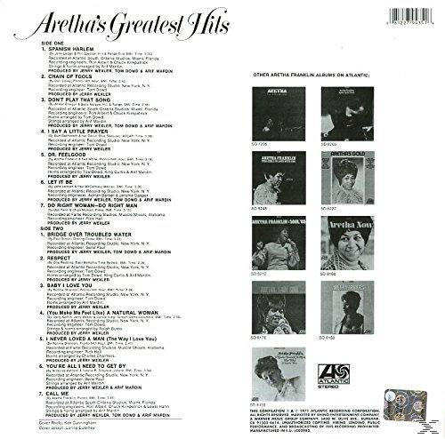 Rückseite von Aretha Franklins Album 'Aretha's Greatest Hits' mit Titelliste und anderen Covern.