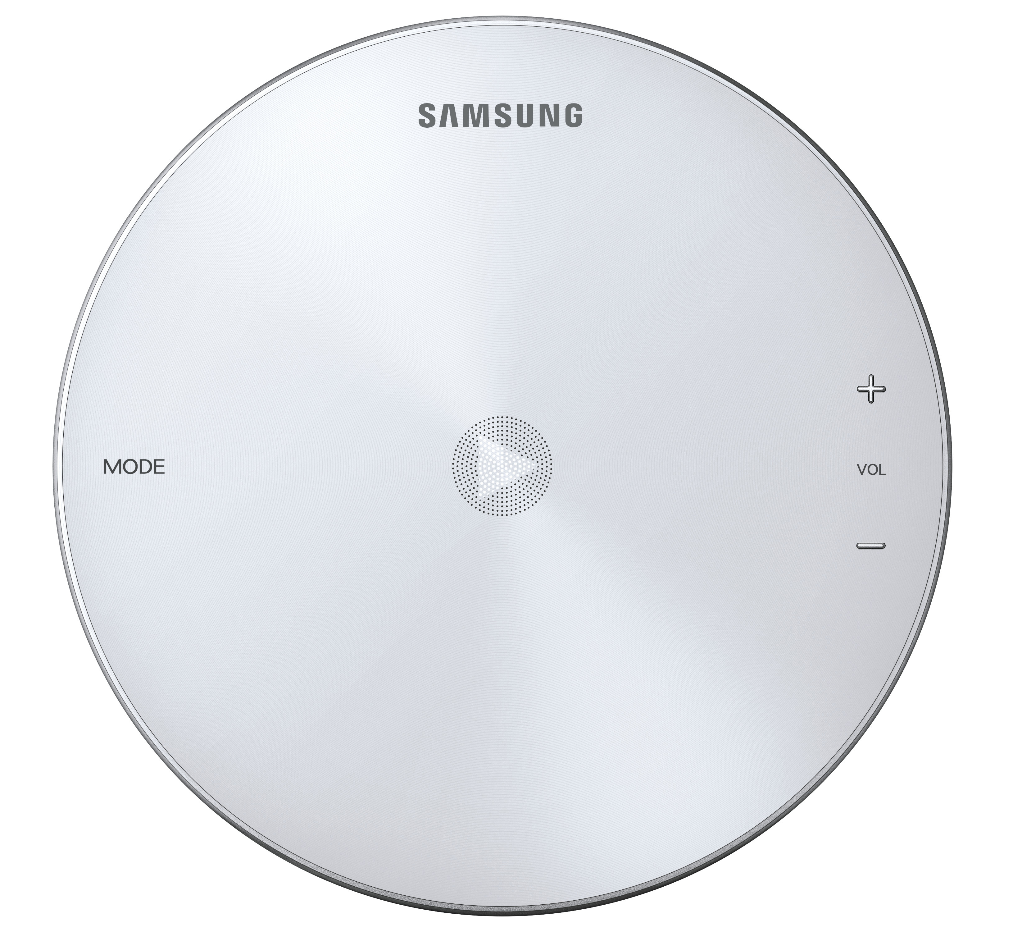 Weißer Samsung-Lautsprecher mit Wiedergabe- und Lautstärketasten auf weißem Grund.