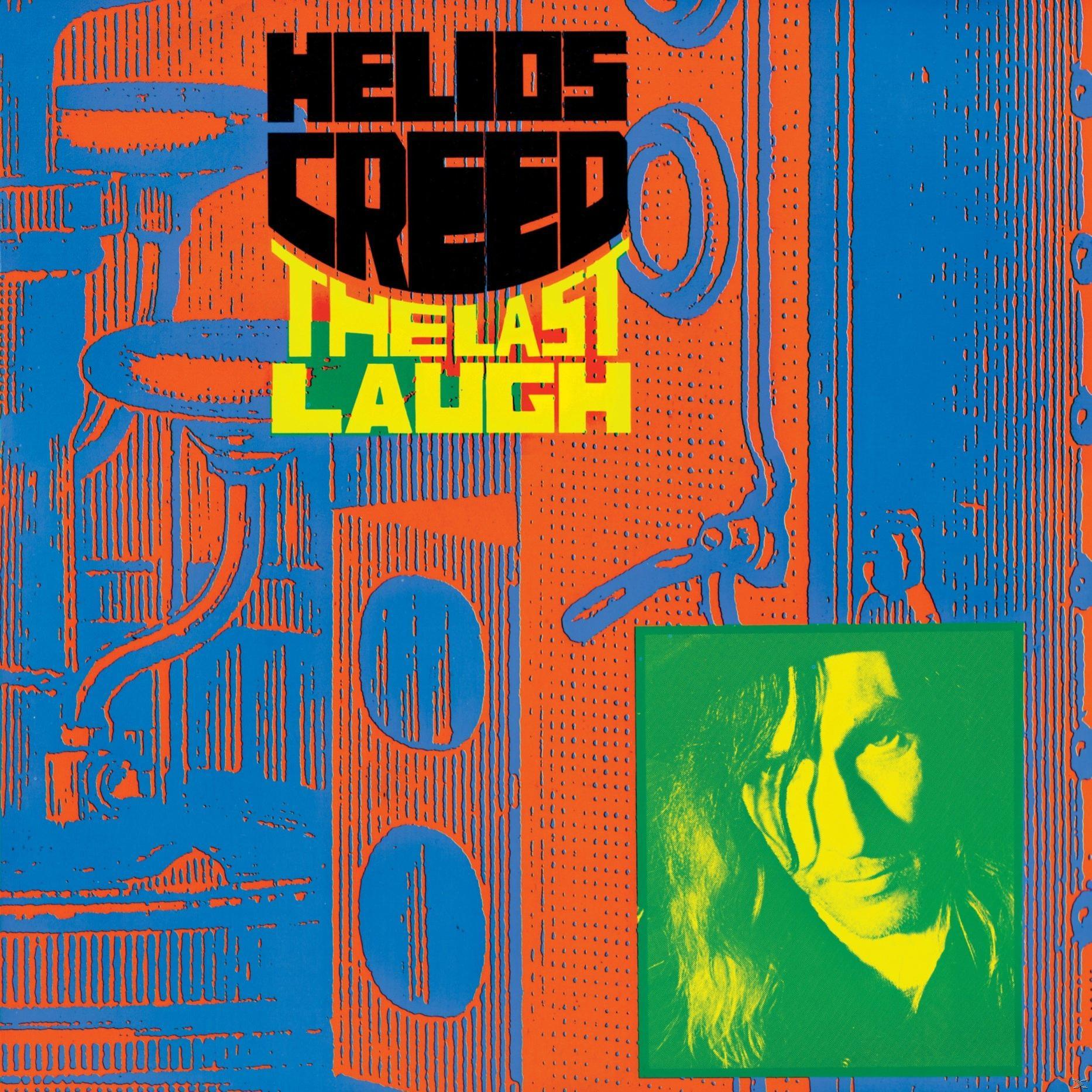 Albumcover für Helios Creed, The Last Laugh. Buntes abstraktes Design mit einem Gesicht.