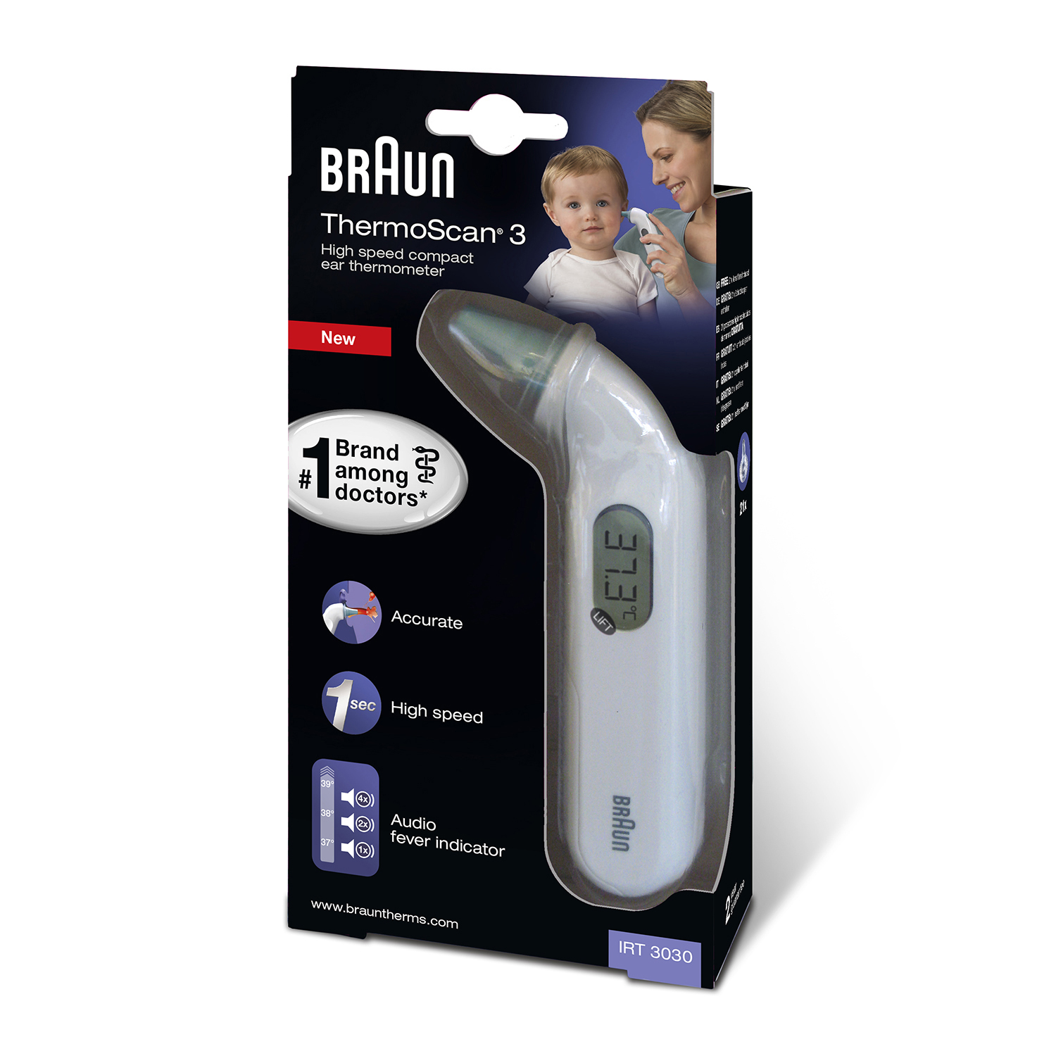 Braun ThermoScan 3 thermometer in de verpakking. Een jong kind wordt gecontroleerd. Wit en zwart.