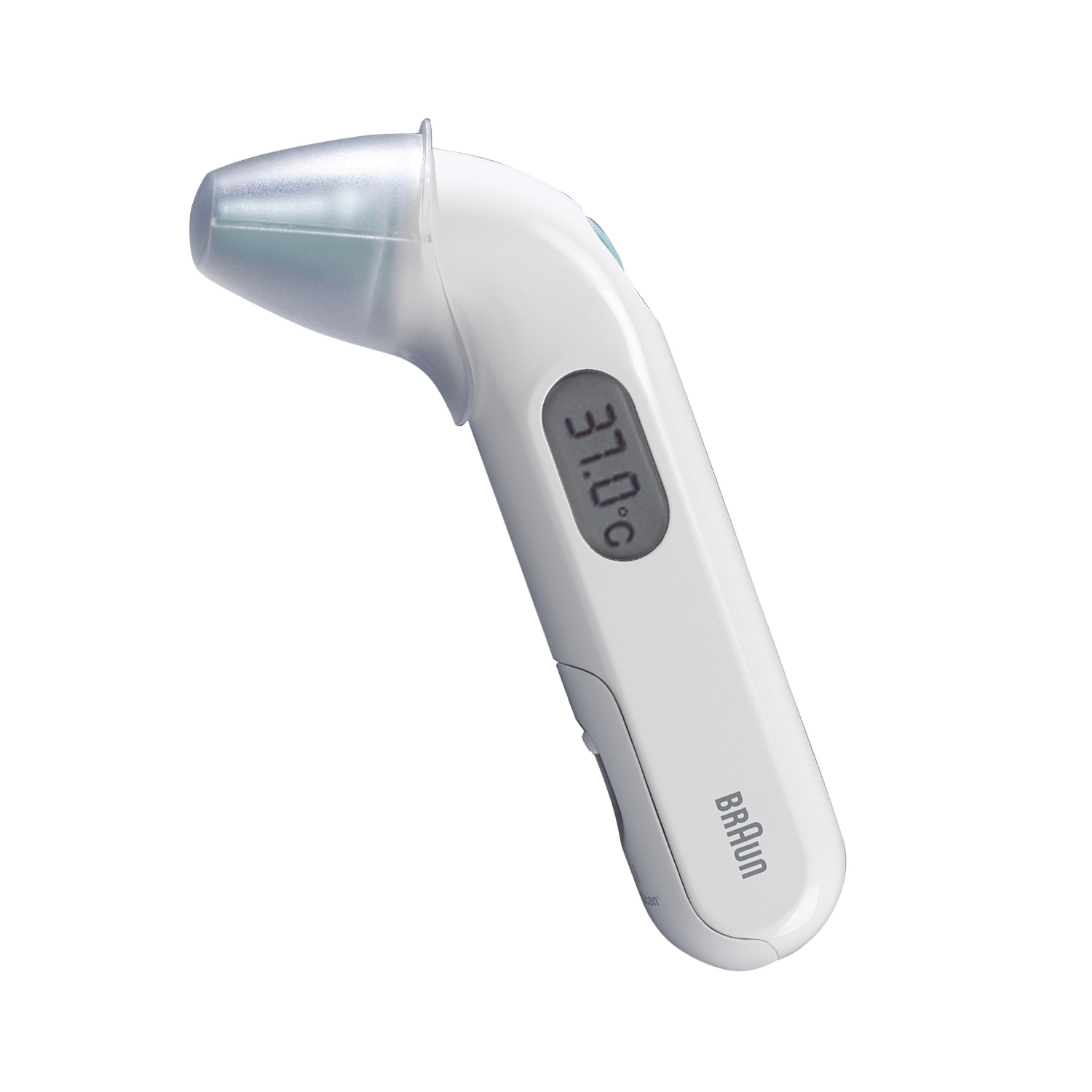 Witte Braun-thermometer met 37,0°C op het scherm. De punt is bedekt.