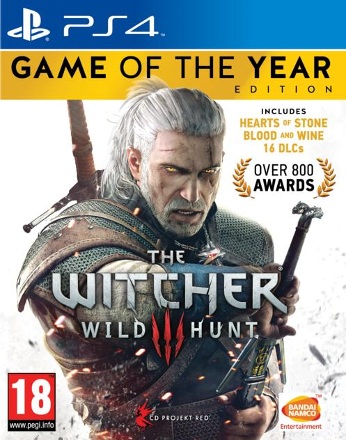 Couverture du jeu : The Witcher 3 : Wild Hunt, édition jeu de l'année, avec un homme tenant une épée.