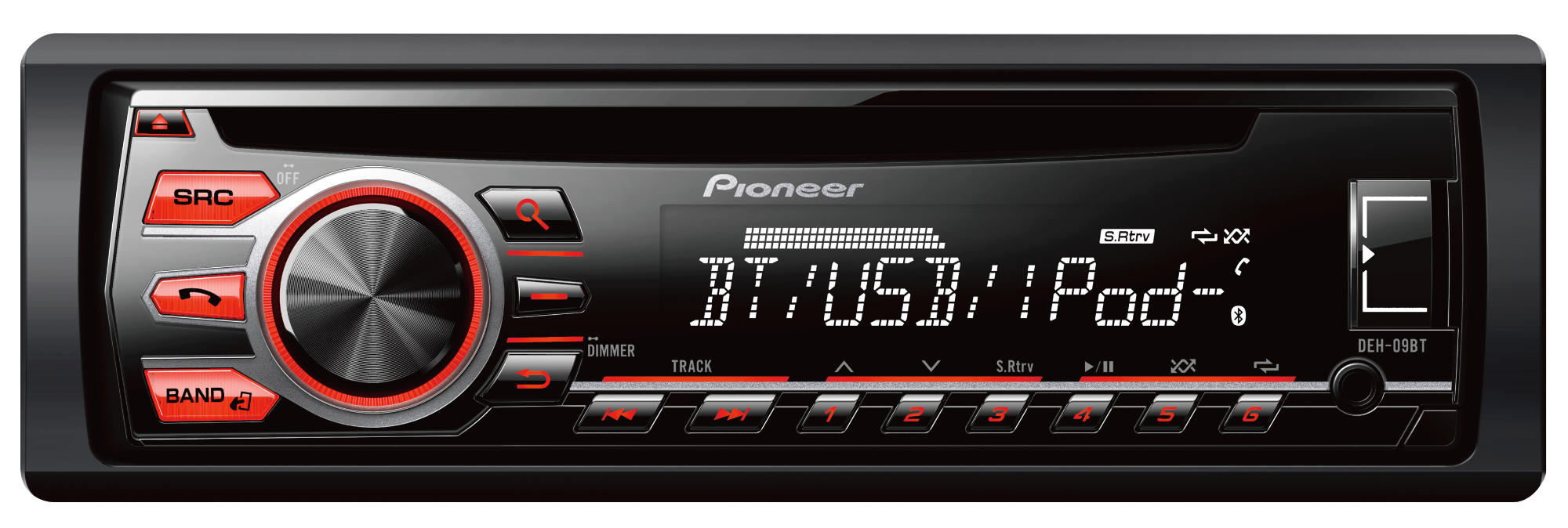 Autorradio. Negro, con la marca Pioneer, pantalla que muestra 'BT, USB, iPod'. Los botones y el dial son rojos.