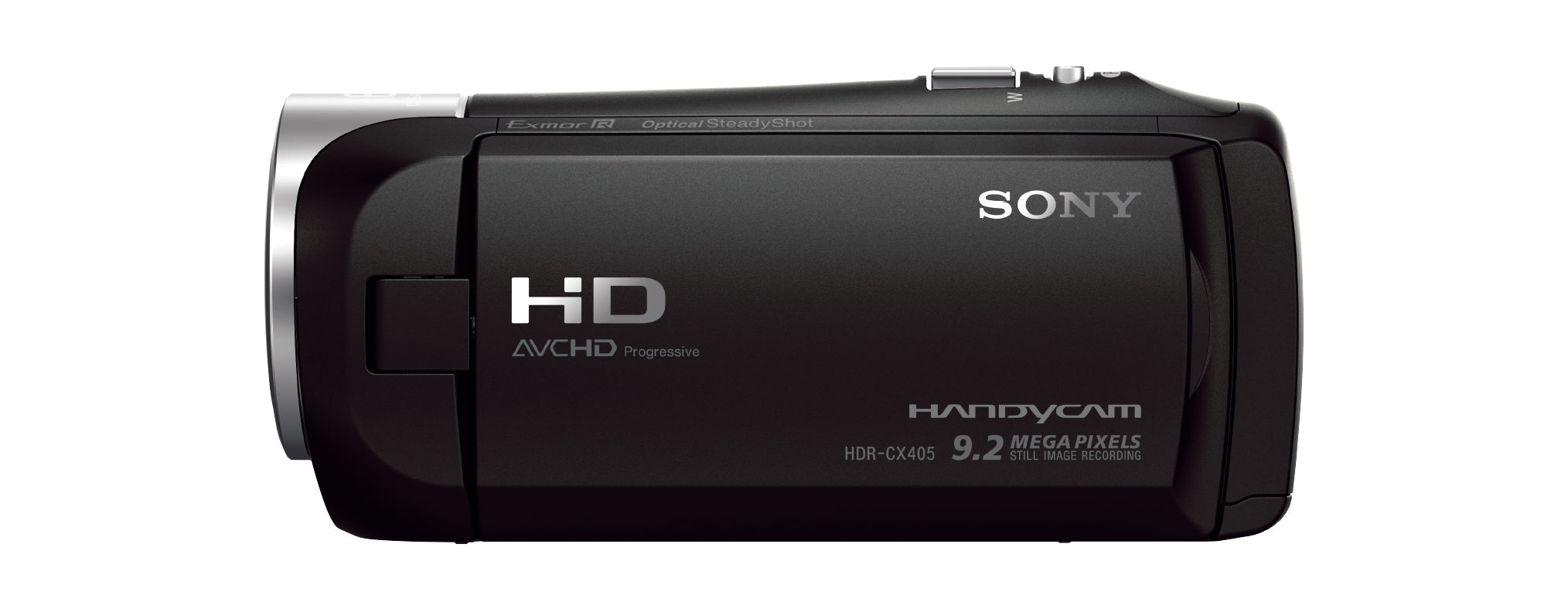 Eine schwarze Sony Handycam, Seitenansicht, mit den Texten 'HD' und 'Handycam'.