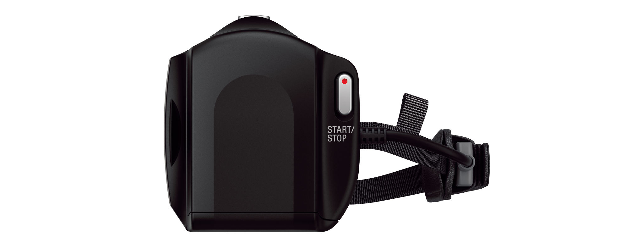 Caméra vidéo noire. Bouton Marche/Arrêt. Sangle noire. Fond blanc.