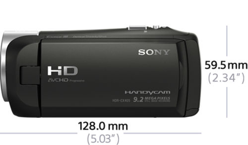 Schwarzer Sony Handycam Camcorder, mit Maßangaben: 128mm x 59,5mm.