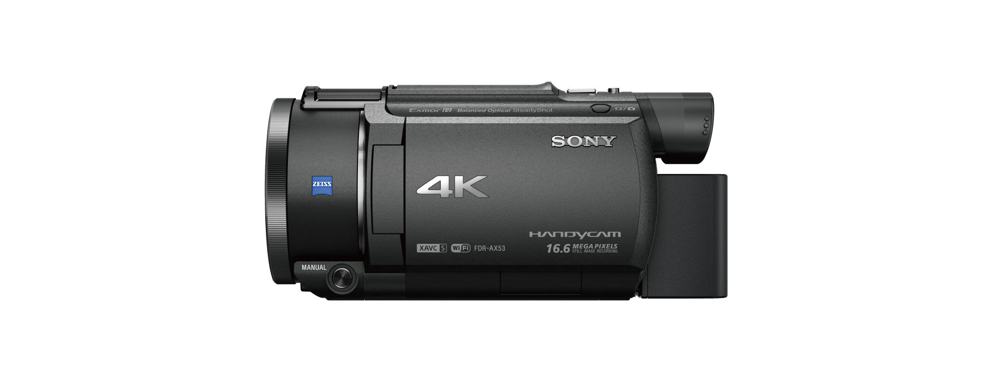 Videocamera Sony 4K nera con obiettivo, pulsanti e logo Sony. Su sfondo bianco.