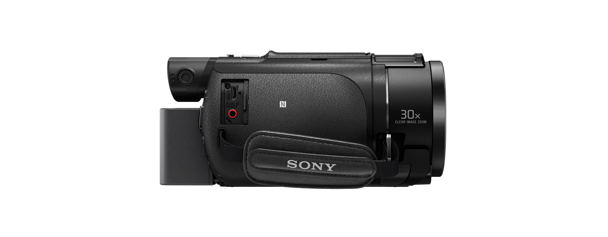 Videocamera Sony nera. Presenta un obiettivo, un'impugnatura e porte laterali. 'SONY' è stampato sull'impugnatura. Colore: nero.
