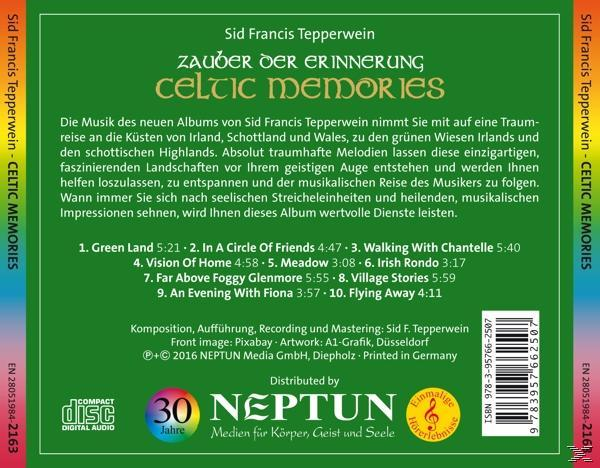 CD-Cover mit grünem Hintergrund, Titel Celtic Memories, Künstlername, Titelliste und Copyright-Details.