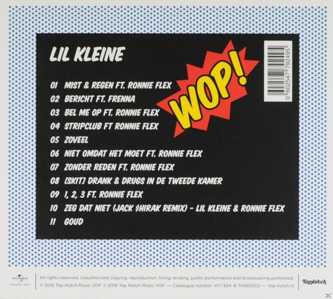 Pochette d'album de Lil Kleine avec liste des pistes. Contient le mot 'WOP!' en rouge et blanc en haut à droite.