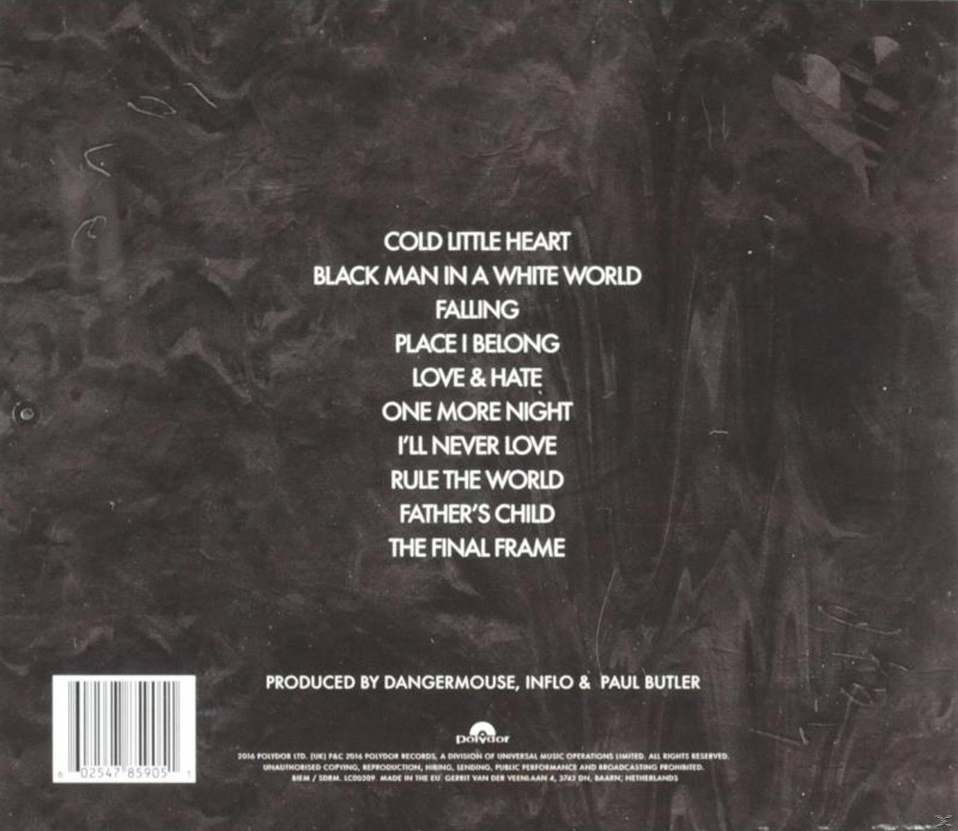 Pochette de CD avec liste des titres. Design noir et blanc. Titres des chansons listés.