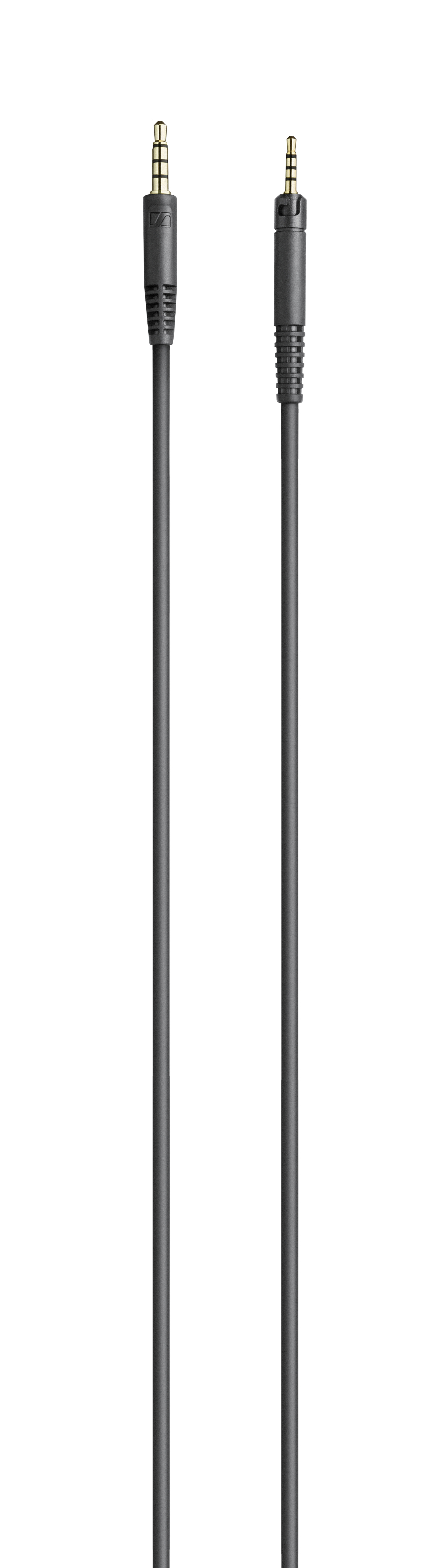 Zwei schwarze Audiokabel mit 3,5-mm-Klinkensteckern vor weißem Hintergrund. Die Kabel sind gerade und parallel.