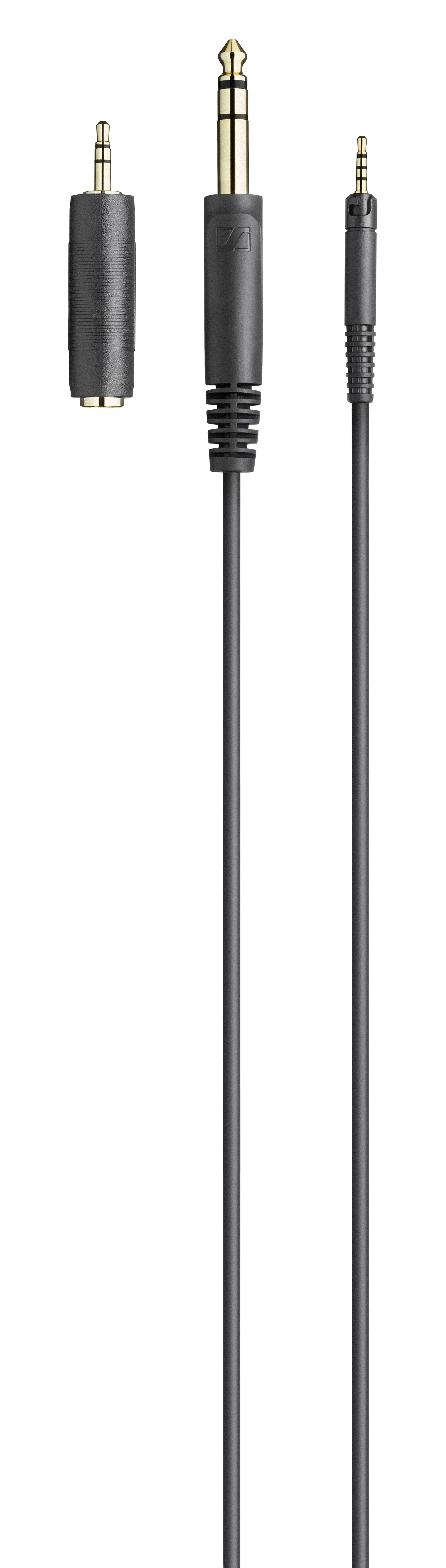 Drei schwarze Kabel mit goldenen und silbernen Steckern vor weißem Hintergrund.