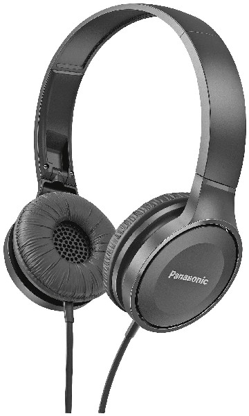 Czarne słuchawki Panasonic z pałąkiem i nausznikami, połączone przewodem.