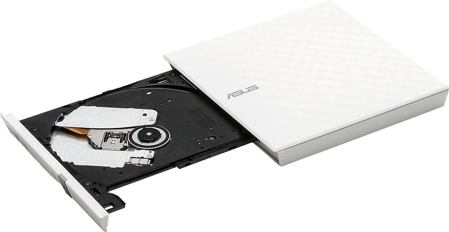 Fehér ASUS külső DVD-meghajtó, nyitva, a lemeztálcát és a belső alkatrészeket mutatja. Fekete háttér.