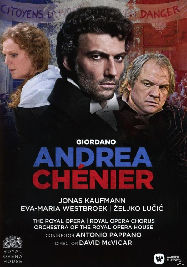 Filmplakat für Giordanos Andrea Chénier mit drei Schauspielern. Das Plakat hat ein blaues, rotes und weißes Farbschema.