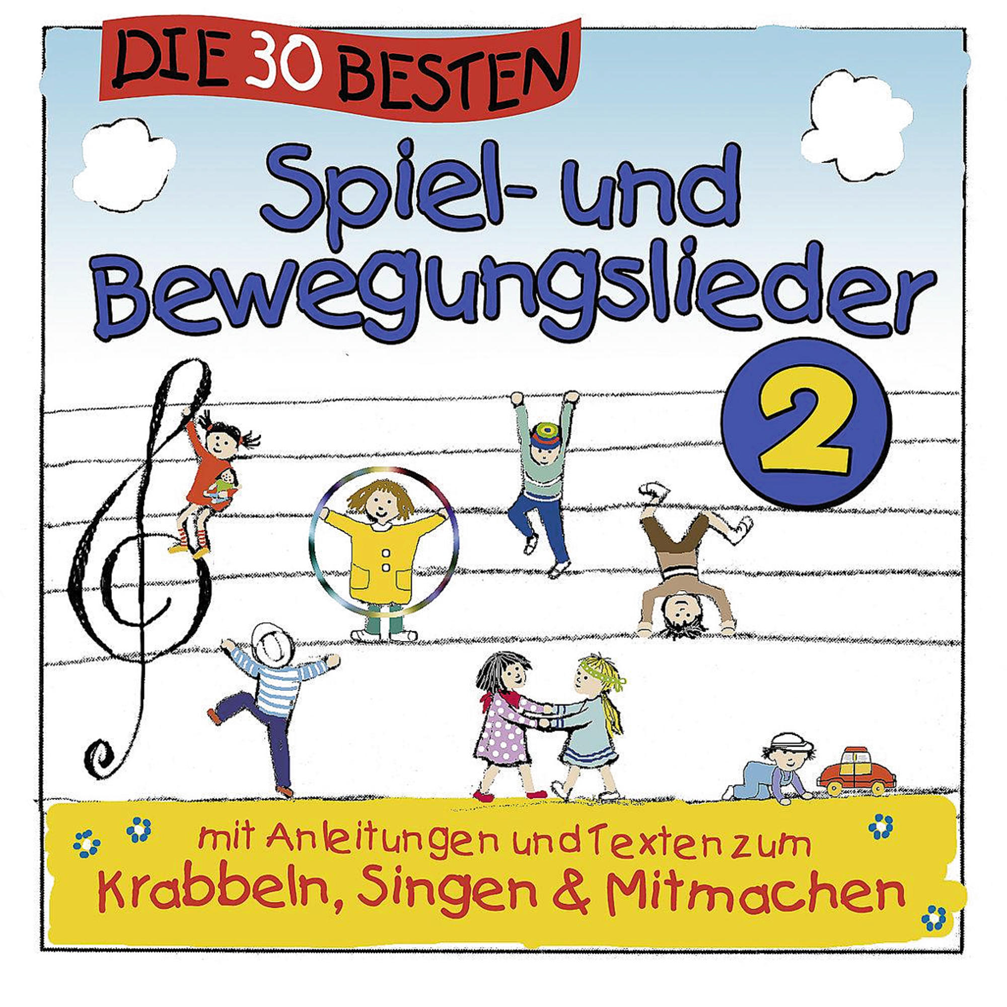 Buntes Cover einer Kinder-Musik-CD. Kinder bei verschiedenen Aktivitäten, Noten links und Titel oben.