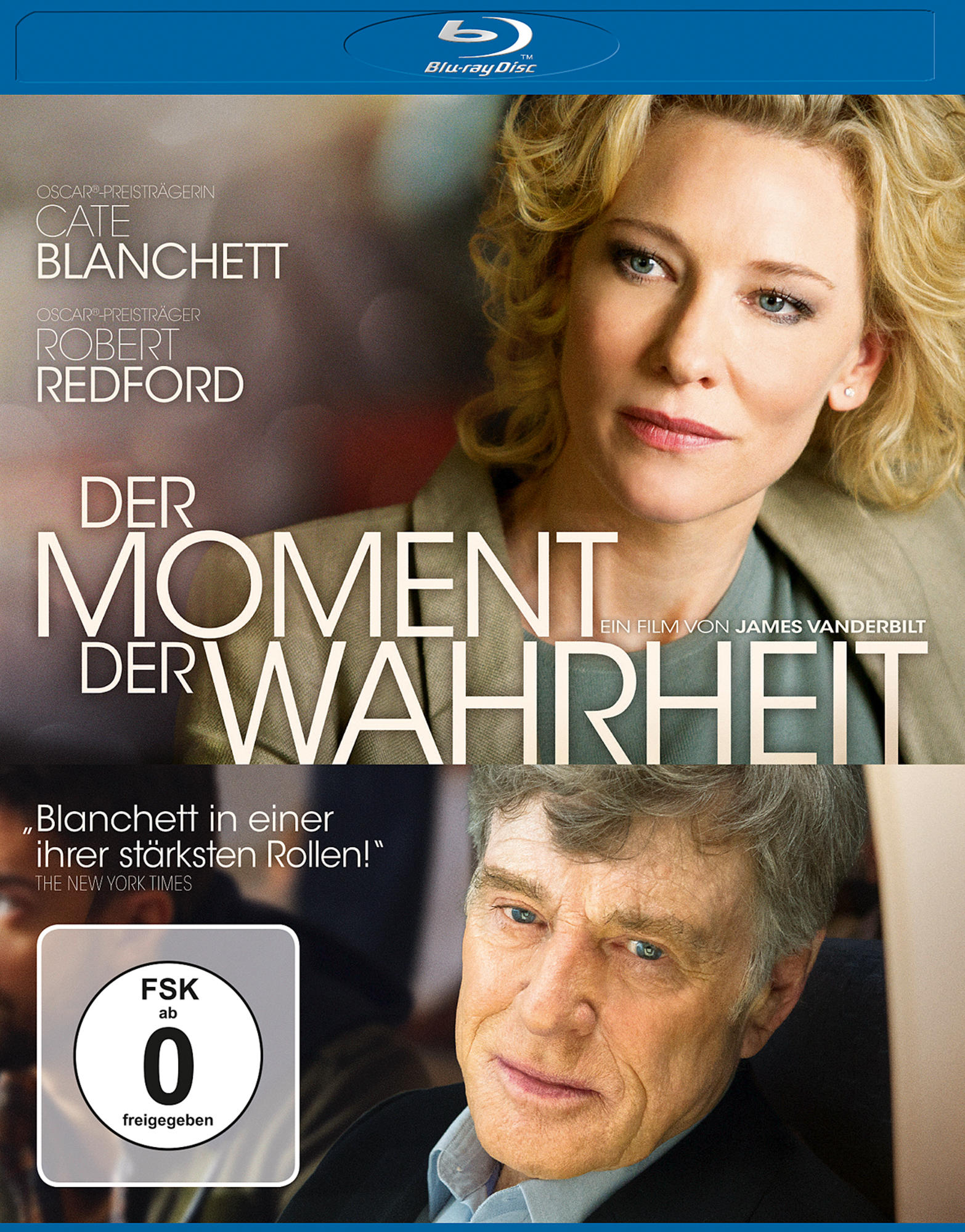 Blu-ray-Cover. Cate Blanchett und Robert Redford. Text: Der Moment Der Wahrheit.