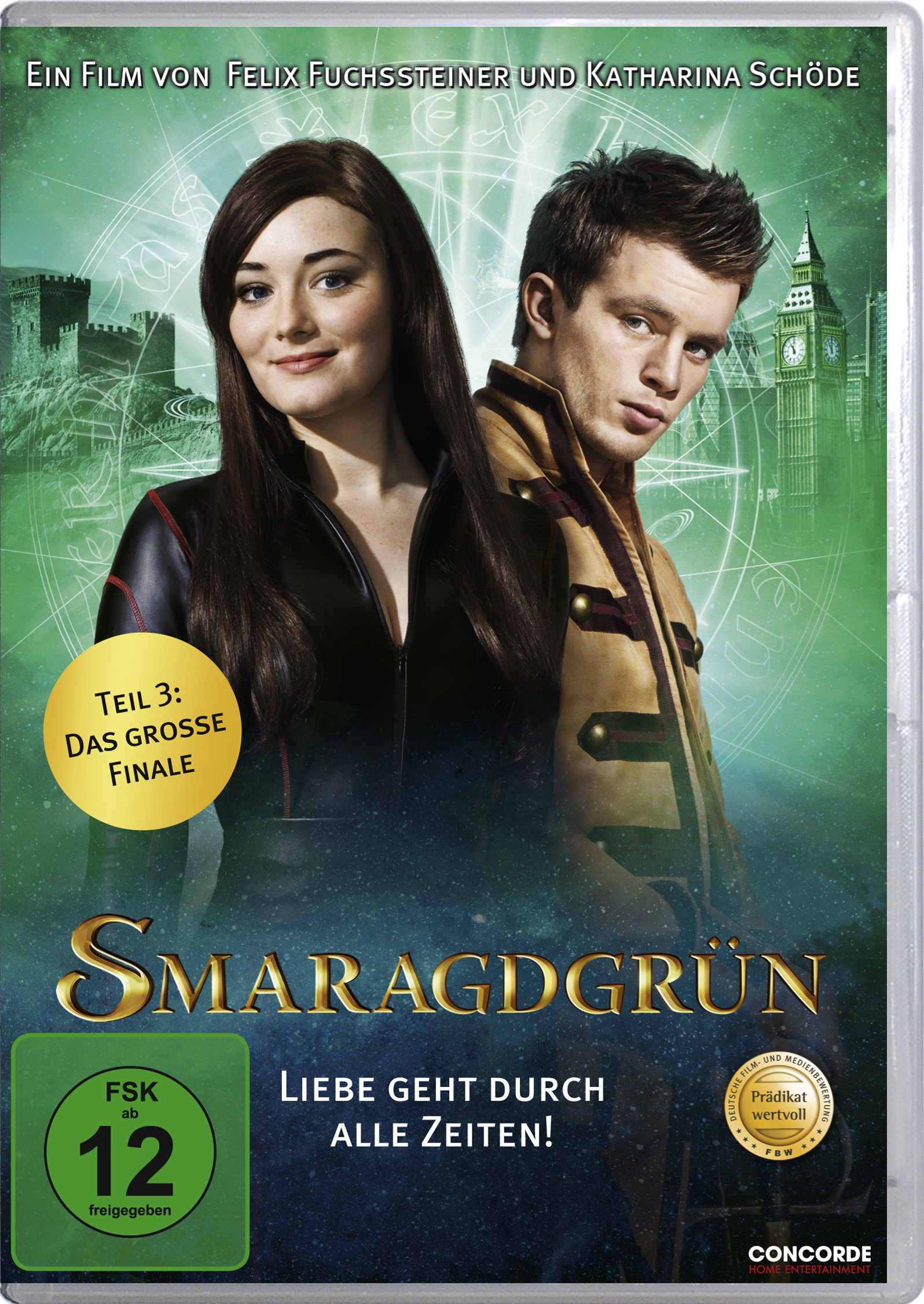 Filmplakat mit Mann und Frau, einem Schloss und deutschem Text. Grünes Bewertungssymbol.